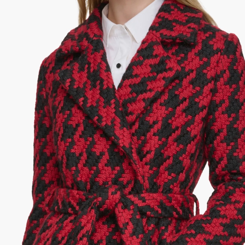 NWT Karl Lagerfeld $260 Large Houndstooth Wool Blend Wrap Coat Scarlet & Black